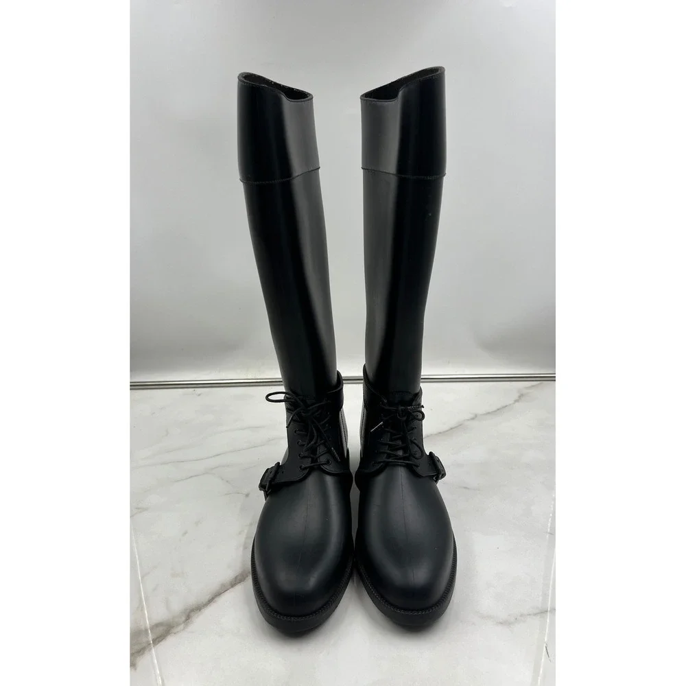 GIVENCHY Rain Boots Womens Sz 10 Tall Black Rubber Wellies Made in Italy Lace Up